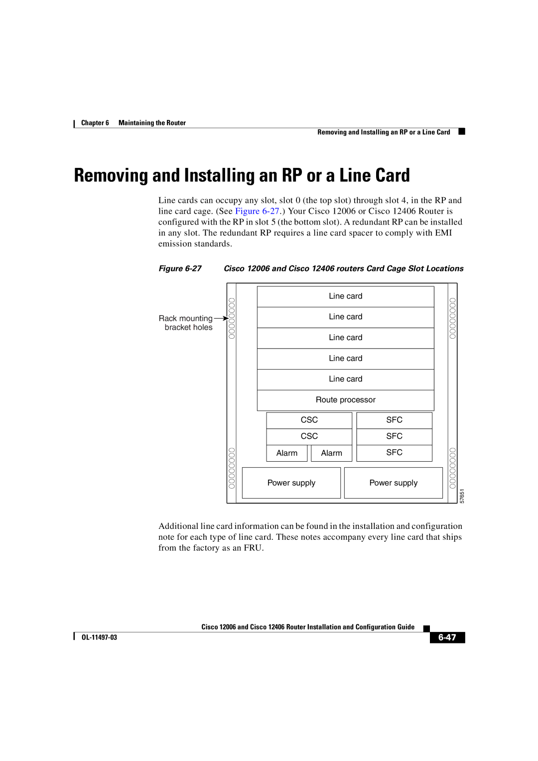 Cisco Systems OL-11497-03 manual Removing and Installing an RP or a Line Card 