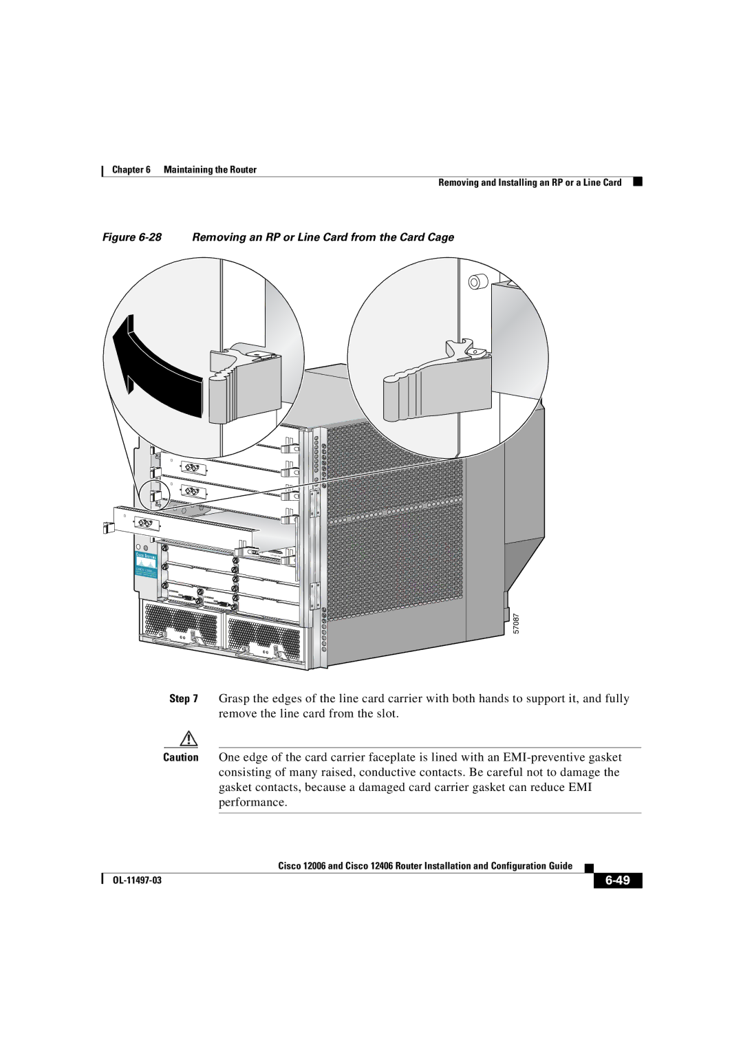 Cisco Systems OL-11497-03 manual Removing an RP or Line Card from the Card Cage 