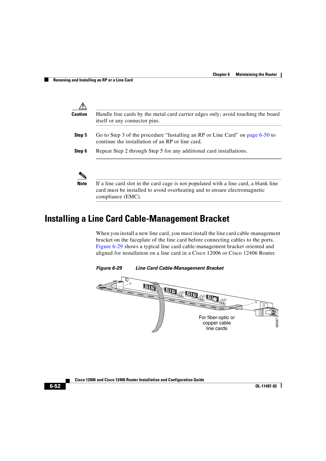 Cisco Systems OL-11497-03 Installing a Line Card Cable-Management Bracket, For fiber-optic or Copper cable Line cards 