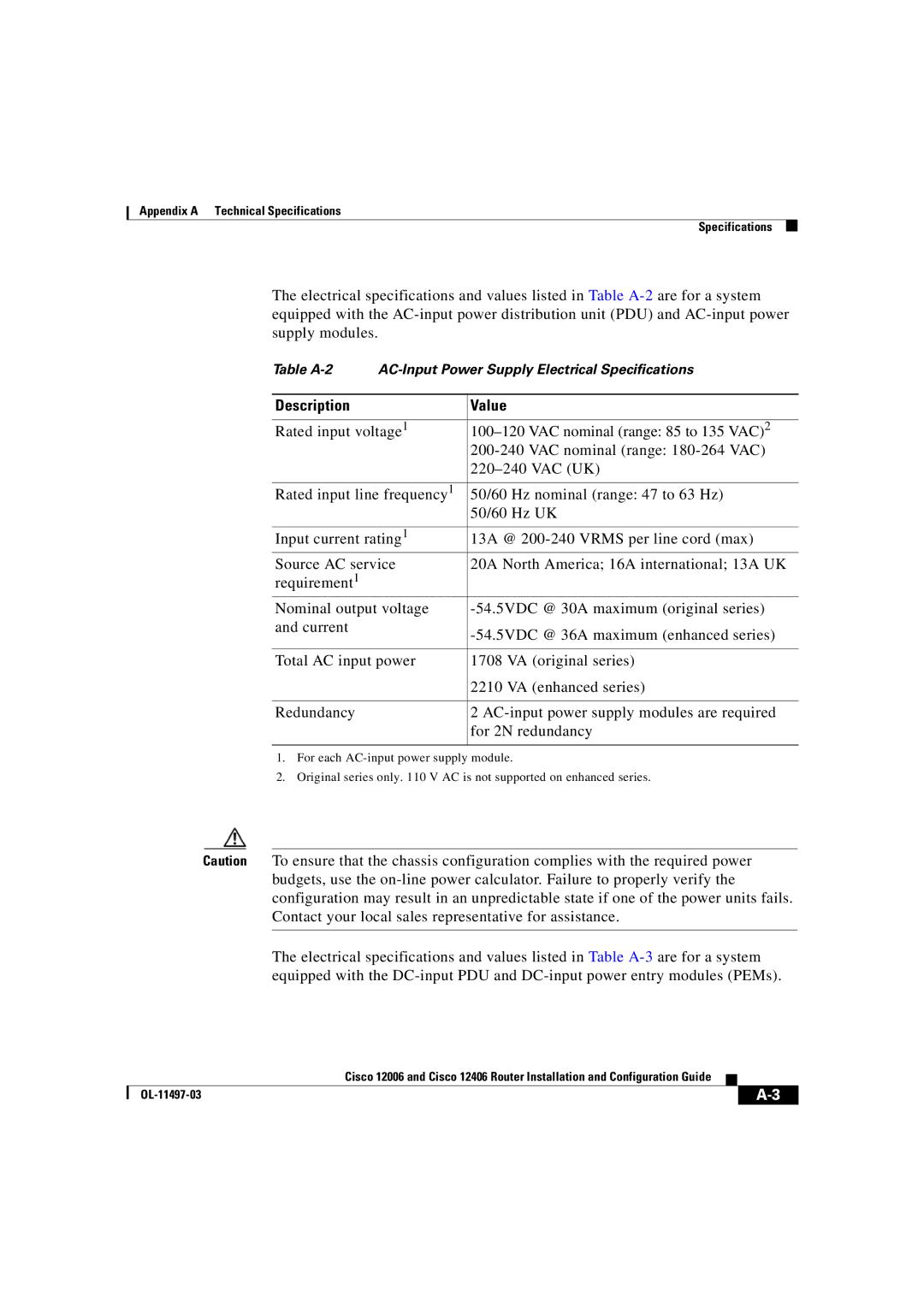 Cisco Systems OL-11497-03 manual Table A-2 AC-Input Power Supply Electrical Specifications 