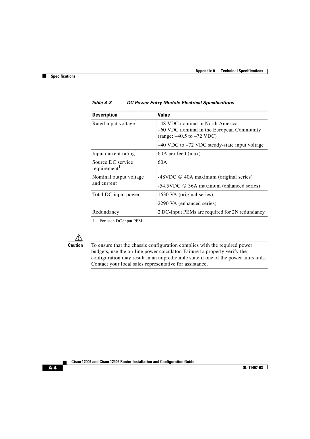 Cisco Systems OL-11497-03 manual Table A-3 DC Power Entry Module Electrical Specifications 