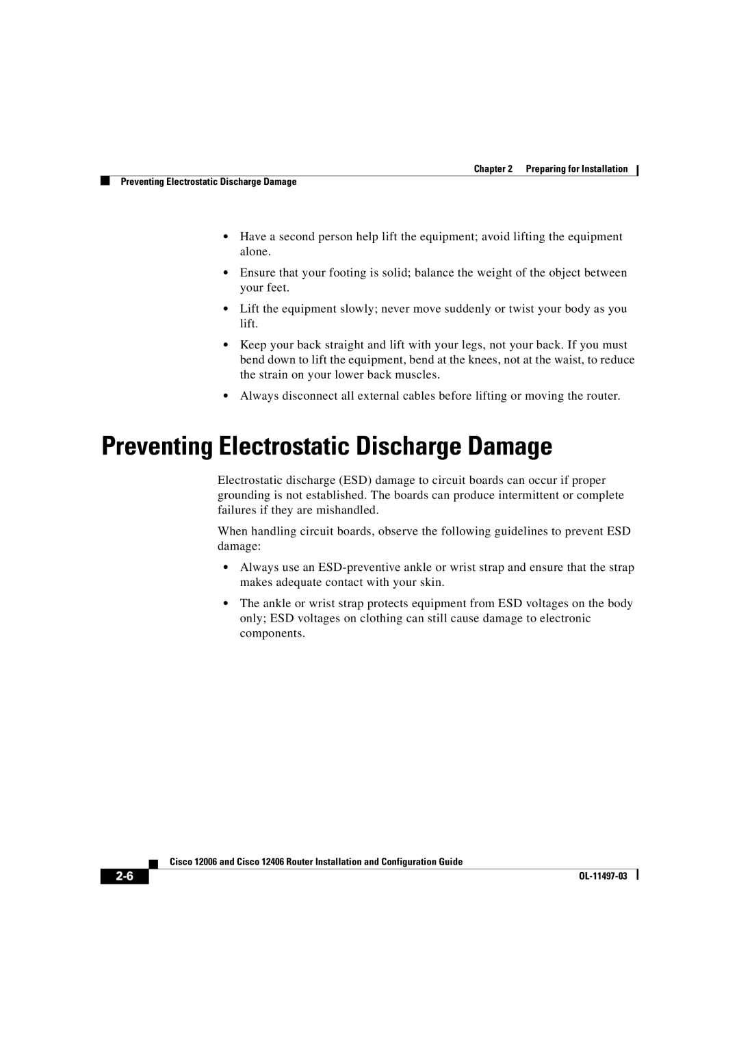 Cisco Systems OL-11497-03 manual Preventing Electrostatic Discharge Damage 