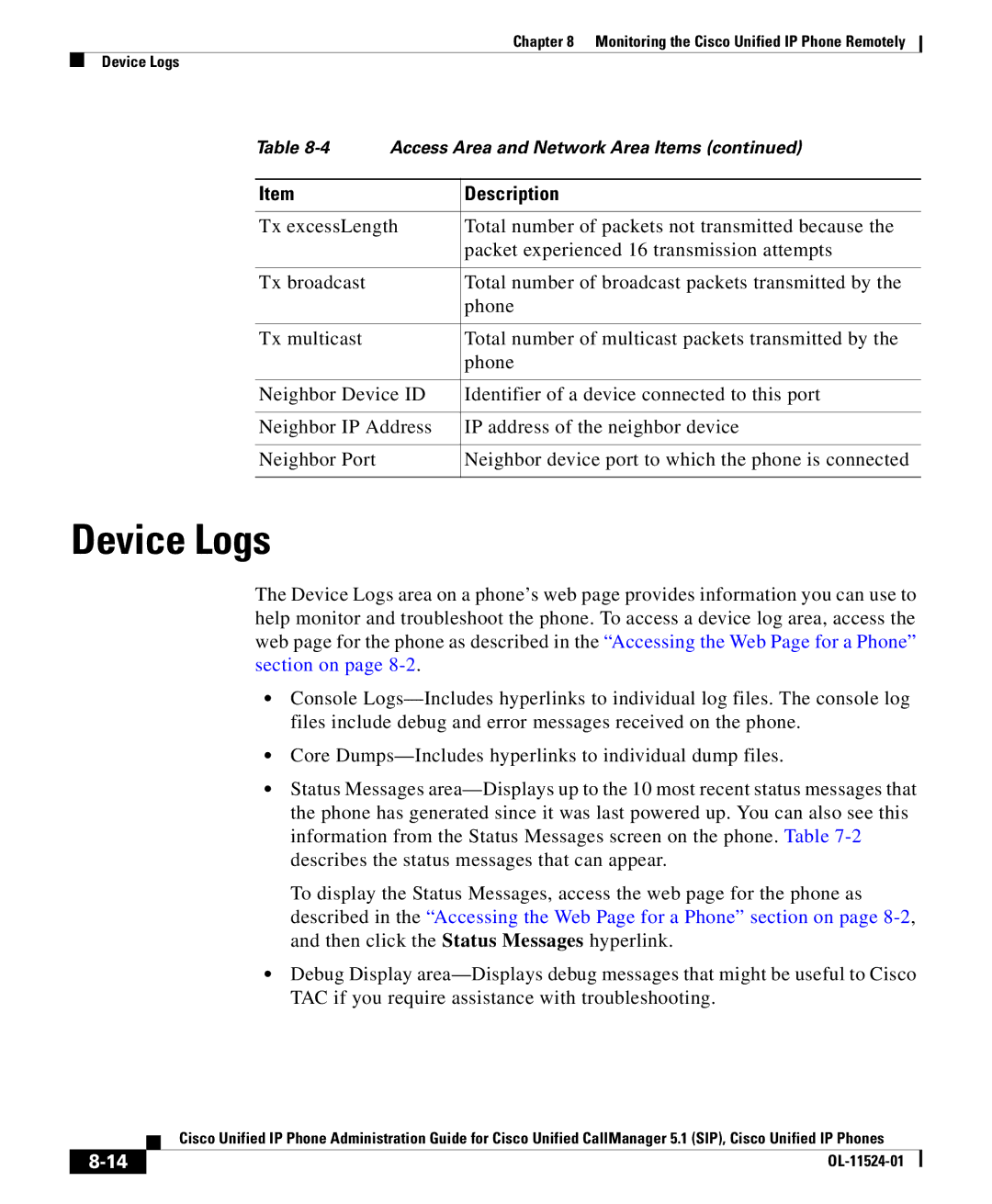 Cisco Systems OL-11524-01 manual Device Logs 