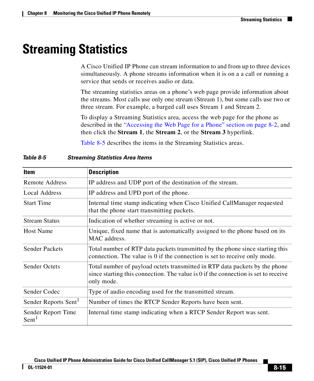 Cisco Systems OL-11524-01 manual Streaming Statistics 