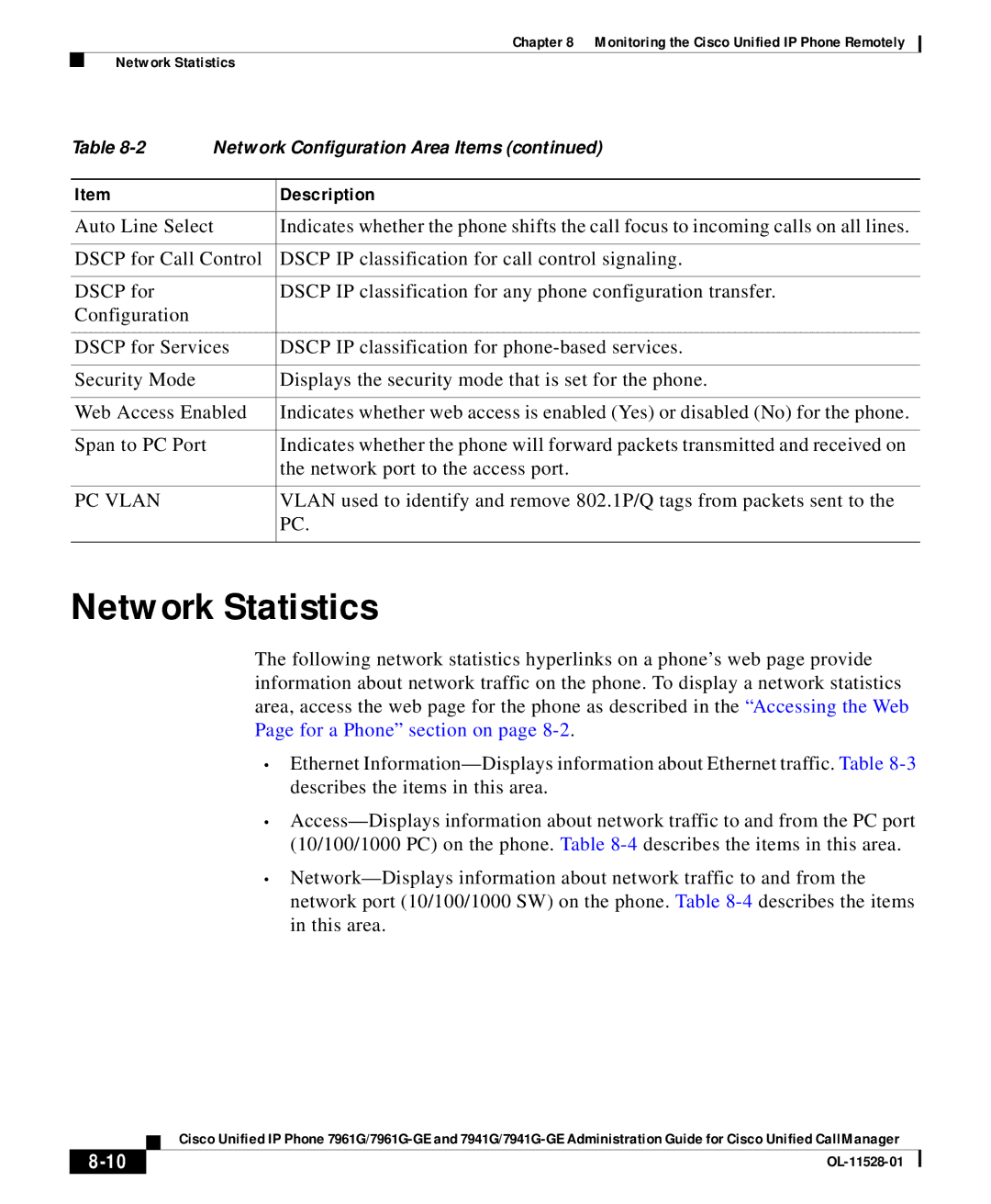 Cisco Systems OL-11528-01 manual Network Statistics 