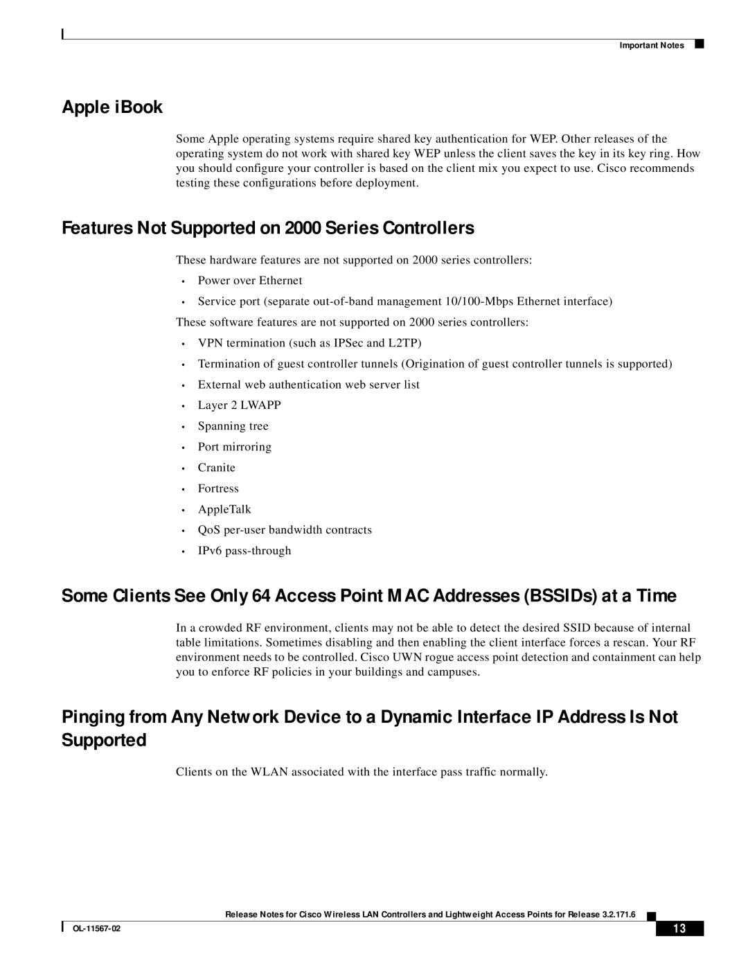 Cisco Systems OL-11567-02 manual Apple iBook, Features Not Supported on 2000 Series Controllers 