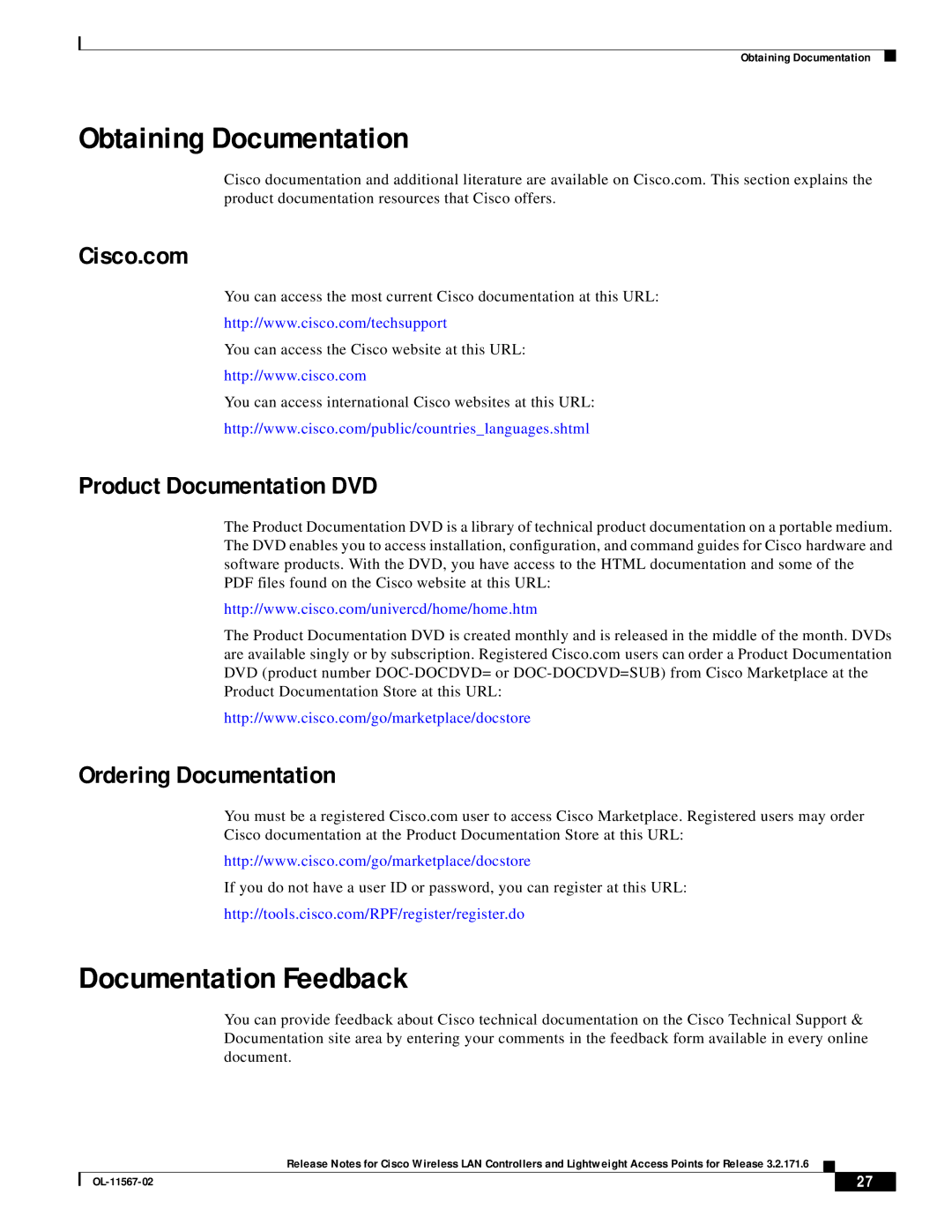 Cisco Systems OL-11567-02 manual Obtaining Documentation, Documentation Feedback, Cisco.com 