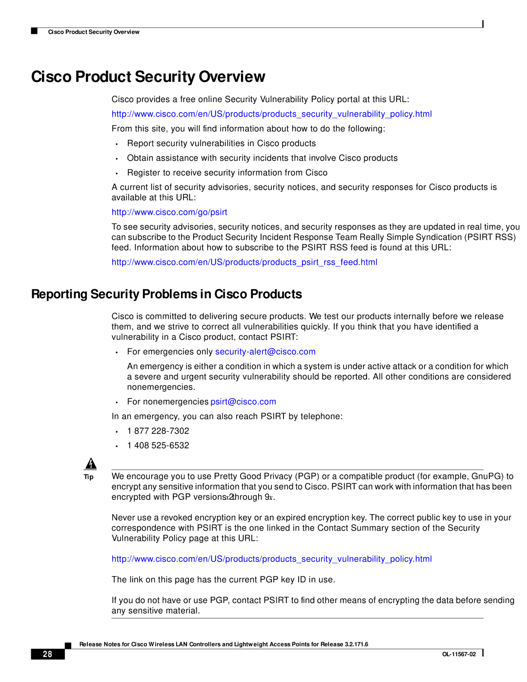 Cisco Systems OL-11567-02 manual Cisco Product Security Overview, Reporting Security Problems in Cisco Products 