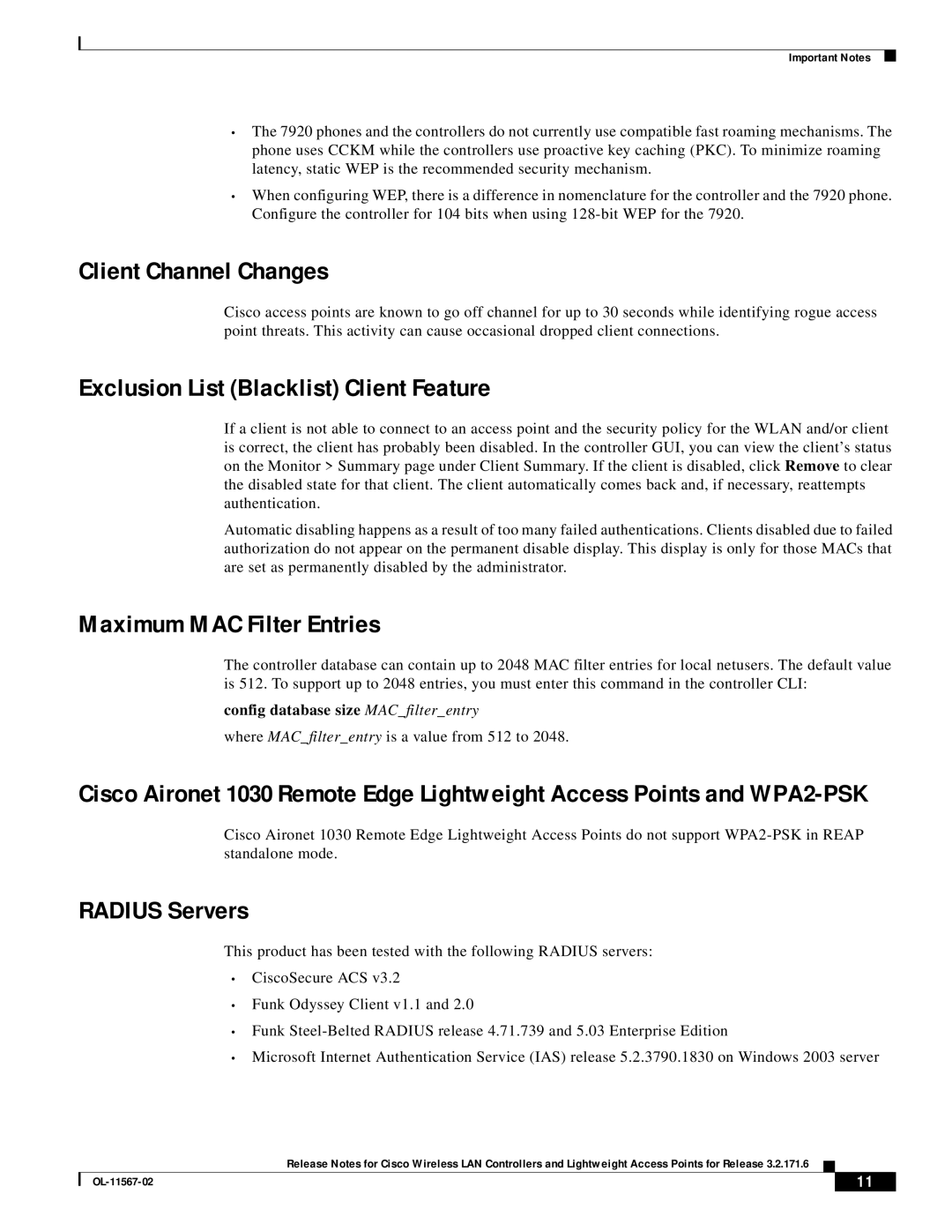 Cisco Systems OL-11567-02 Client Channel Changes, Exclusion List Blacklist Client Feature, Maximum MAC Filter Entries 