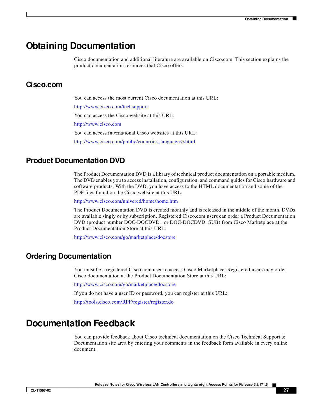 Cisco Systems OL-11567-02 manual Obtaining Documentation, Documentation Feedback, Cisco.com, Product Documentation DVD 