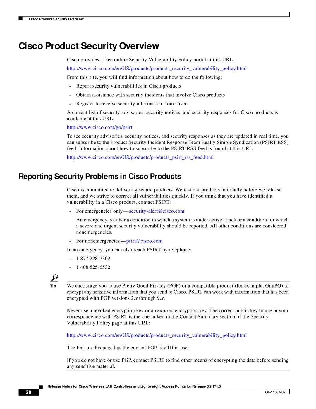 Cisco Systems OL-11567-02 manual Cisco Product Security Overview, Reporting Security Problems in Cisco Products 