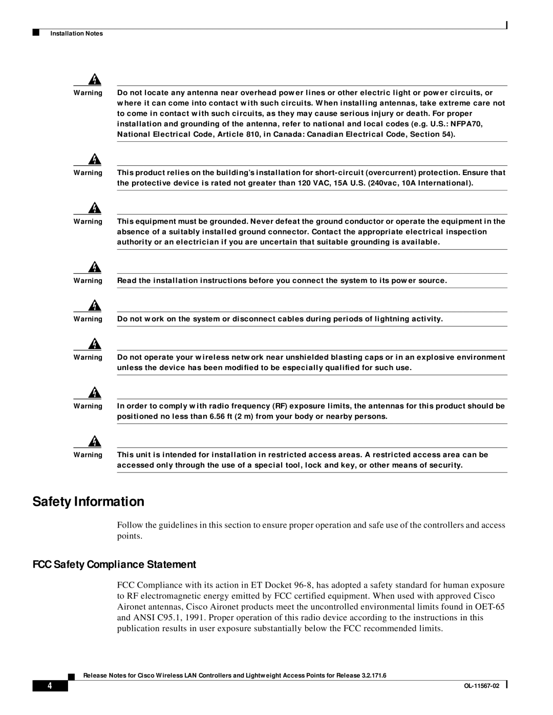 Cisco Systems OL-11567-02 manual Safety Information, FCC Safety Compliance Statement 