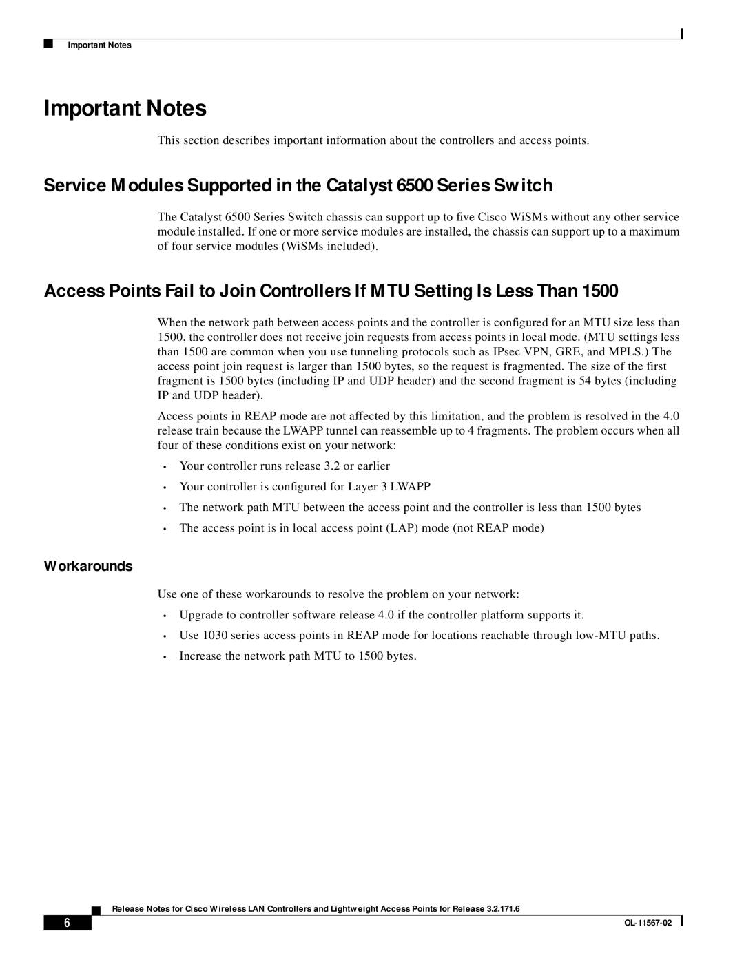 Cisco Systems OL-11567-02 manual Important Notes, Service Modules Supported in the Catalyst 6500 Series Switch, Workarounds 