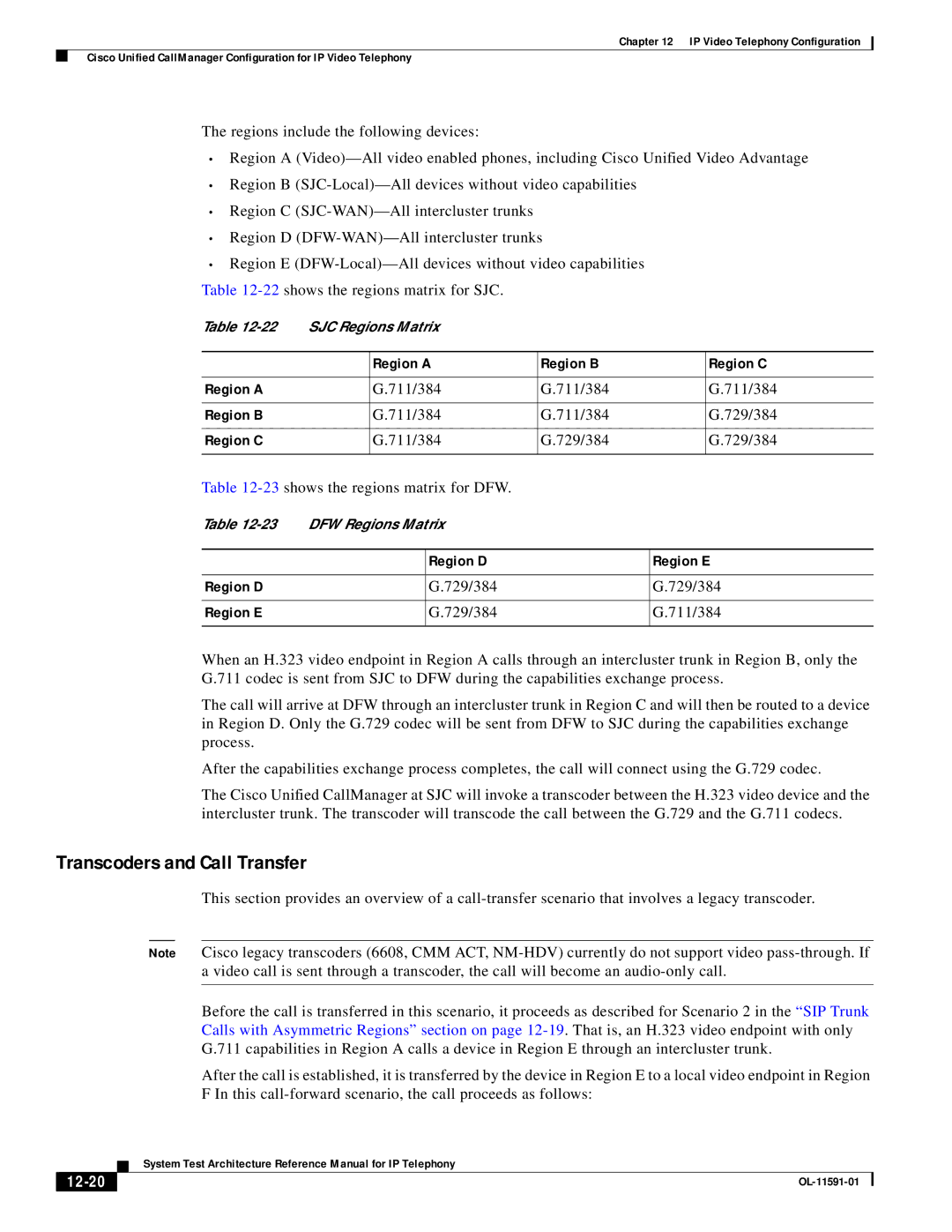 Cisco Systems OL-11591-01 manual Transcoders and Call Transfer, 12-20 