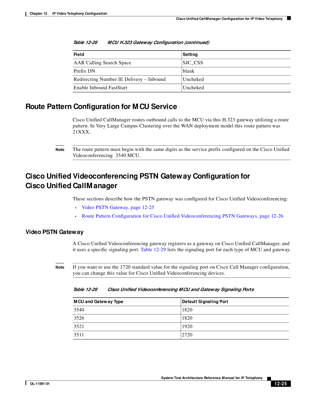 Cisco Systems OL-11591-01 manual Route Pattern Configuration for MCU Service, Video Pstn Gateway, 12-25 