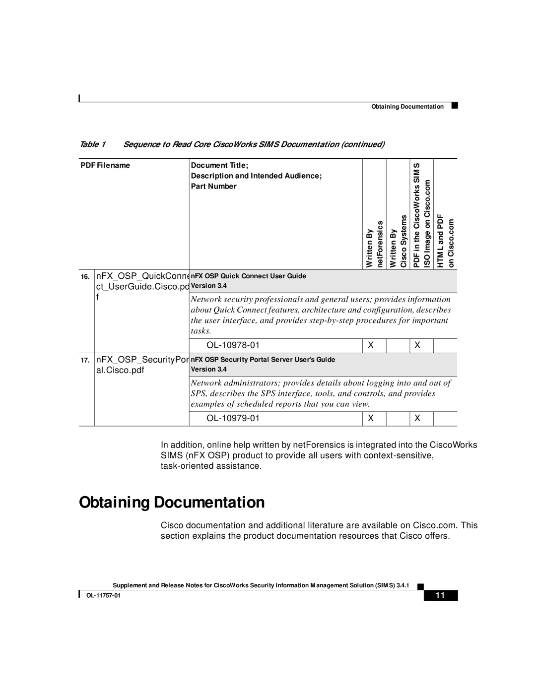 Cisco Systems OL-11757-01 Obtaining Documentation, NFXOSPQuickConne, CtUserGuide.Cisco.pd, OL-10978-01 NFXOSPSecurityPort 