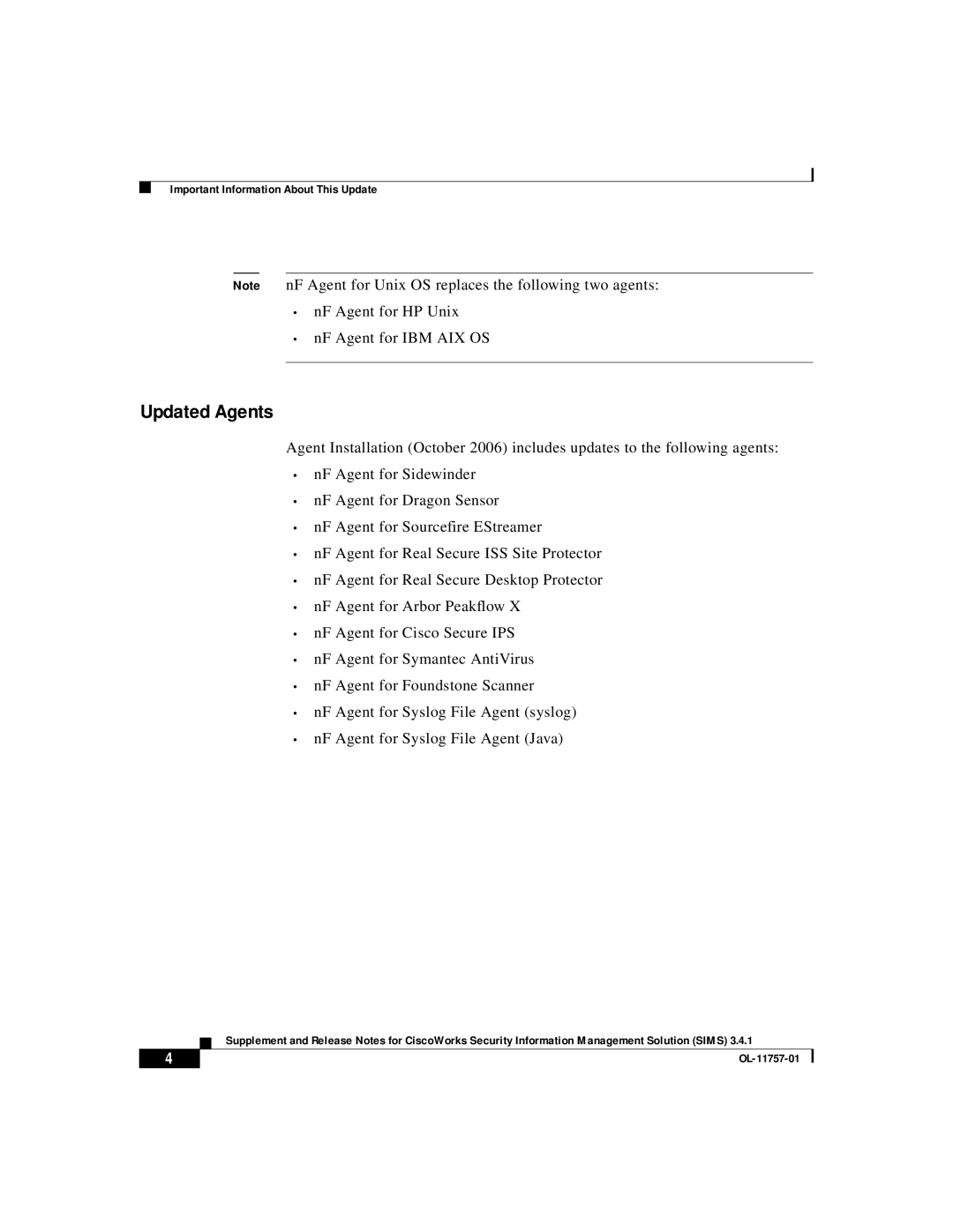 Cisco Systems OL-11757-01 manual Updated Agents, NF Agent for HP Unix NF Agent for IBM AIX OS 