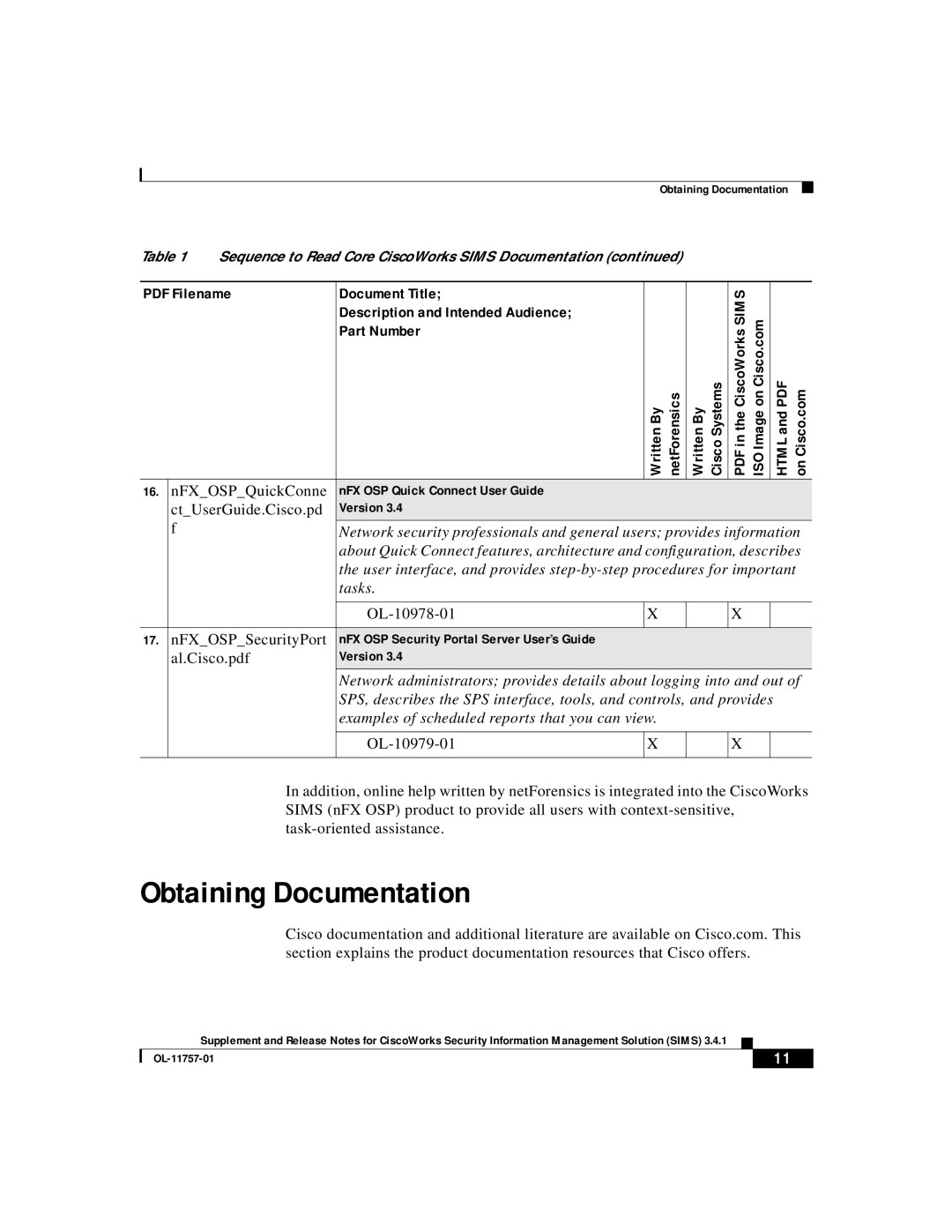 Cisco Systems OL-11757-01 manual Obtaining Documentation, Document Title, Description and Intended Audience, Part Number 