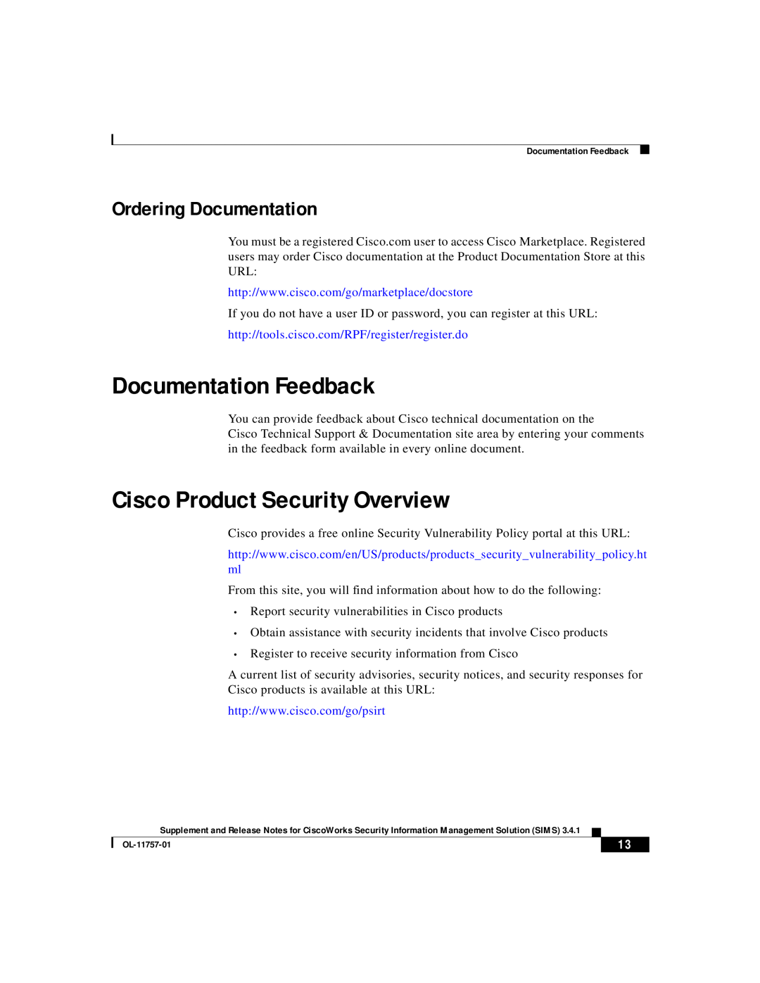 Cisco Systems OL-11757-01 manual Documentation Feedback, Cisco Product Security Overview, Ordering Documentation 