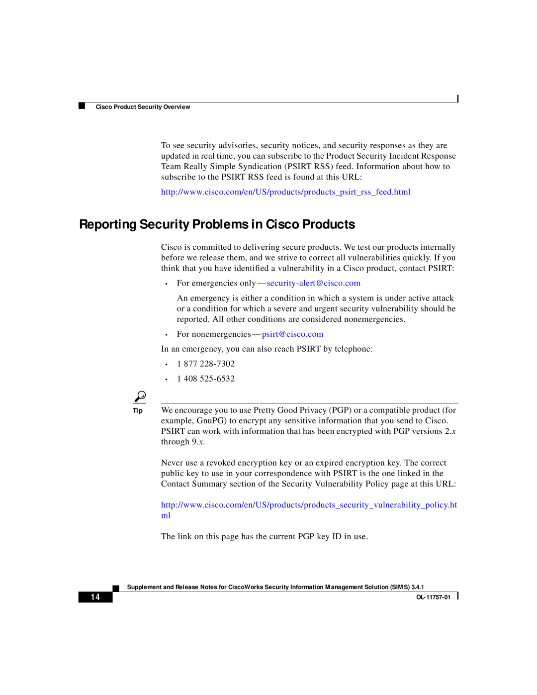 Cisco Systems OL-11757-01 manual Reporting Security Problems in Cisco Products 