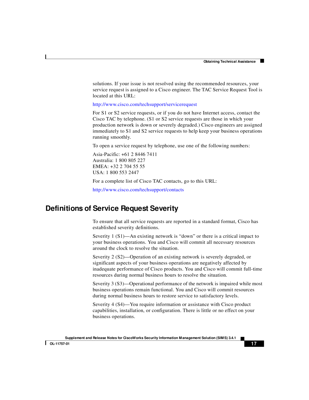 Cisco Systems OL-11757-01 manual Definitions of Service Request Severity 