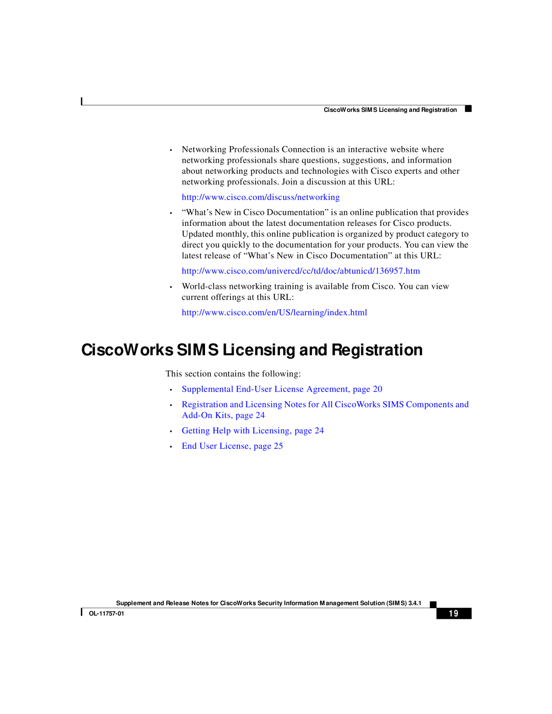 Cisco Systems OL-11757-01 manual CiscoWorks SIMS Licensing and Registration, Supplemental End-UserLicense Agreement, page 