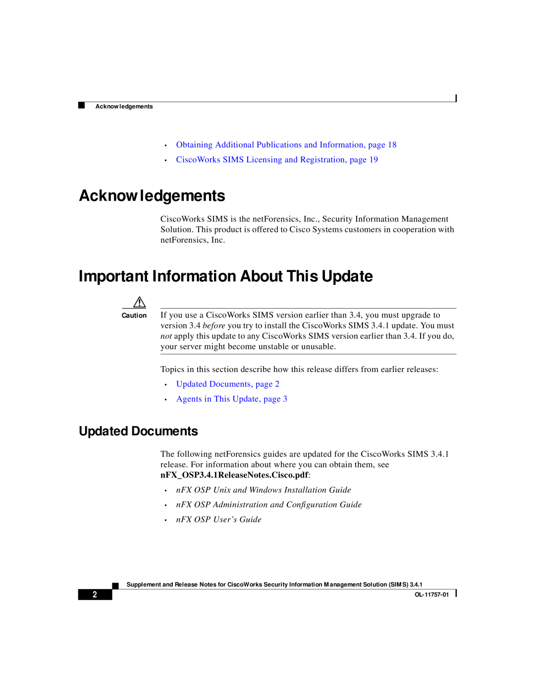 Cisco Systems OL-11757-01 manual Acknowledgements, Important Information About This Update, Updated Documents 