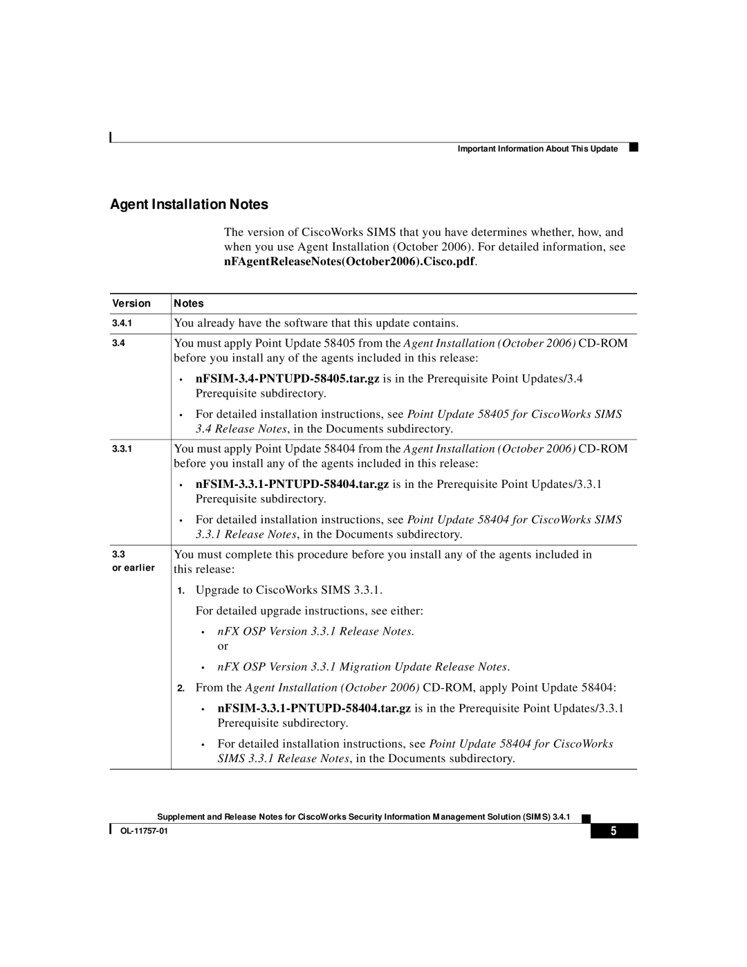 Cisco Systems OL-11757-01 manual Agent Installation Notes, Version 