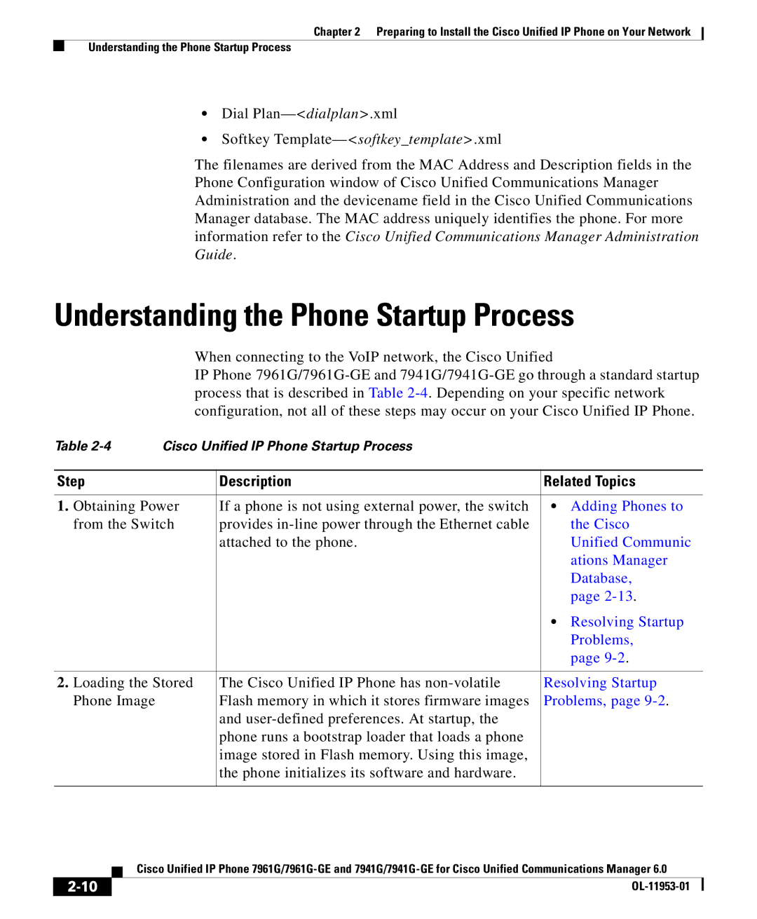 Cisco Systems OL-11953-01 manual Understanding the Phone Startup Process, Step Description Related Topics 