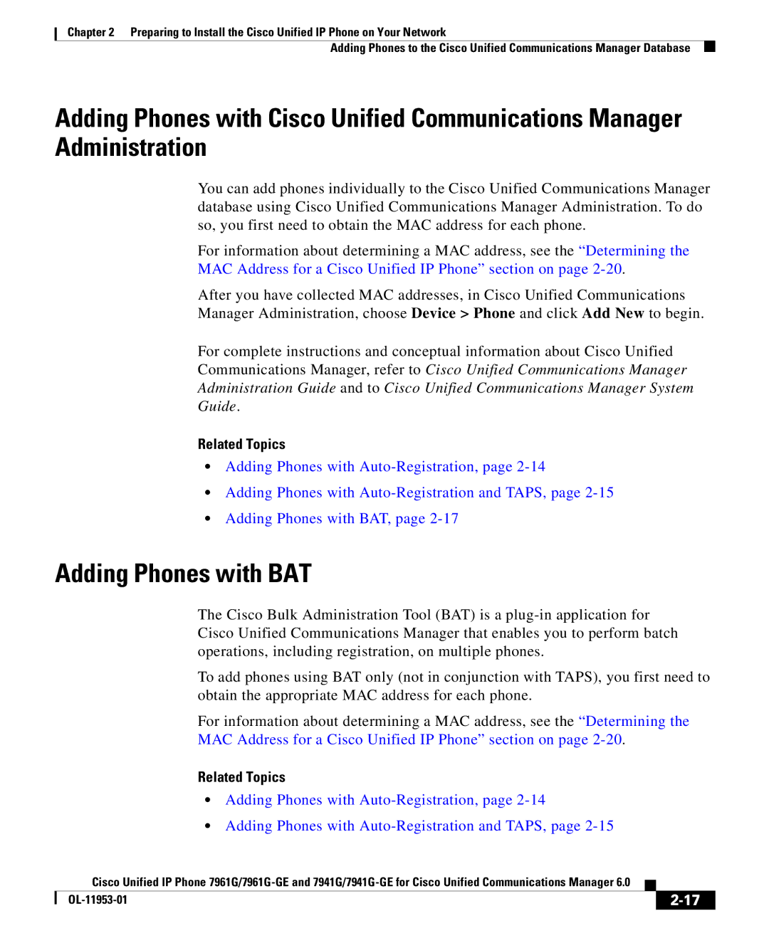 Cisco Systems OL-11953-01 manual Adding Phones with BAT, MAC Address for a Cisco Unified IP Phone section on 