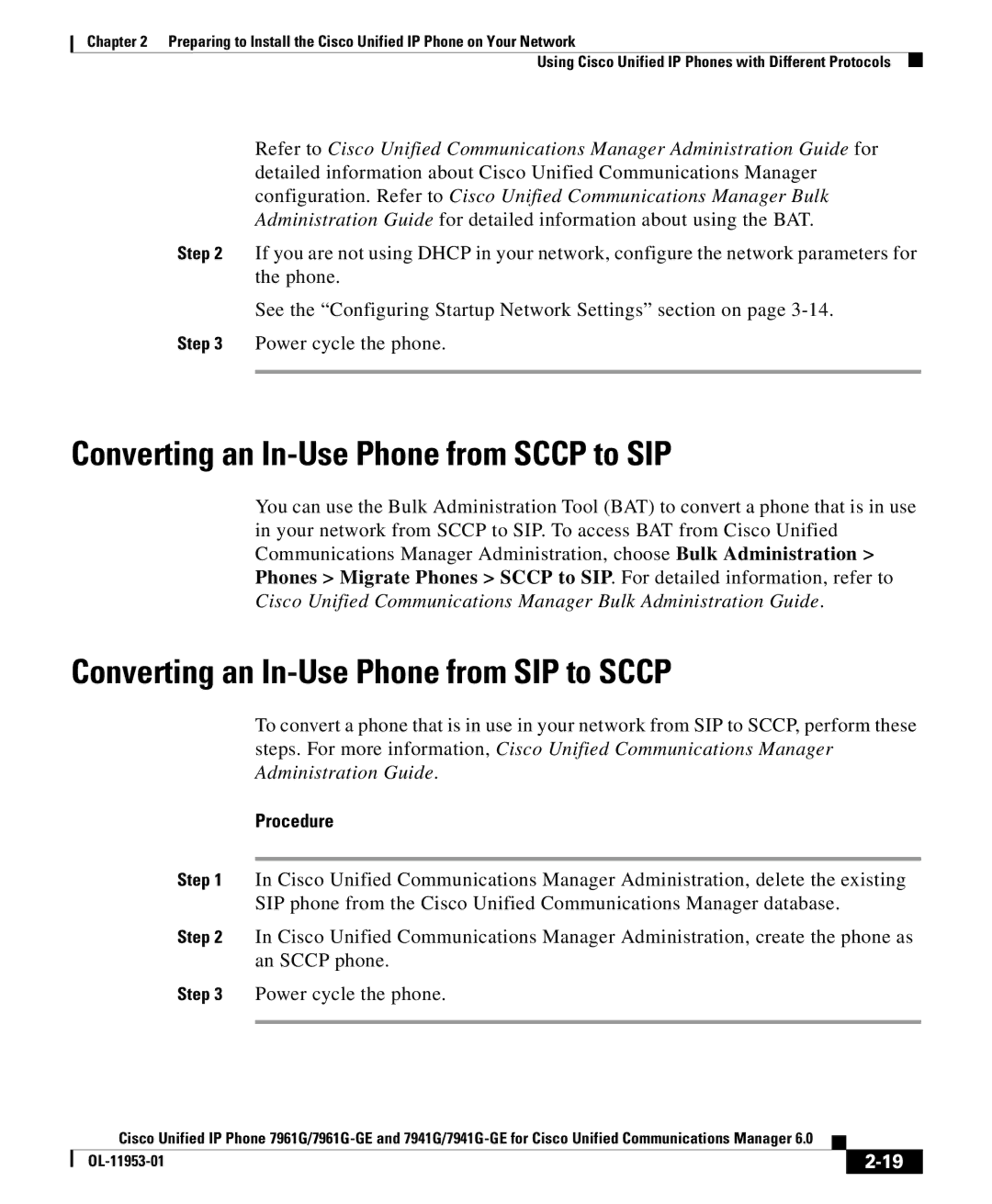 Cisco Systems OL-11953-01 manual Converting an In-Use Phone from Sccp to SIP, Converting an In-Use Phone from SIP to Sccp 