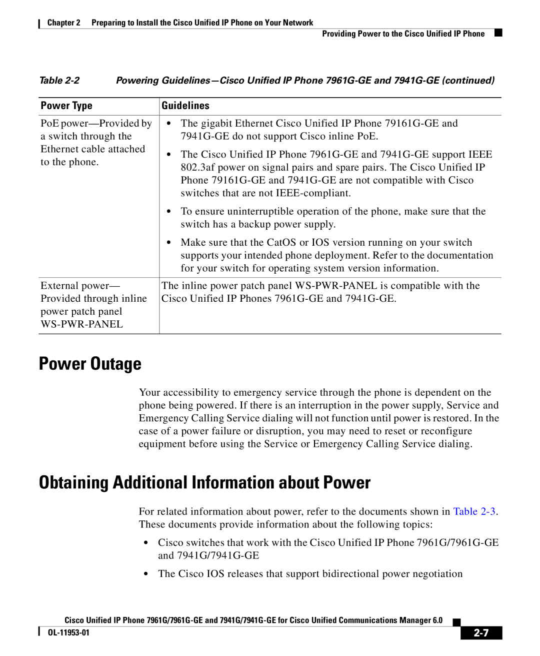 Cisco Systems OL-11953-01 manual Power Outage, Obtaining Additional Information about Power 