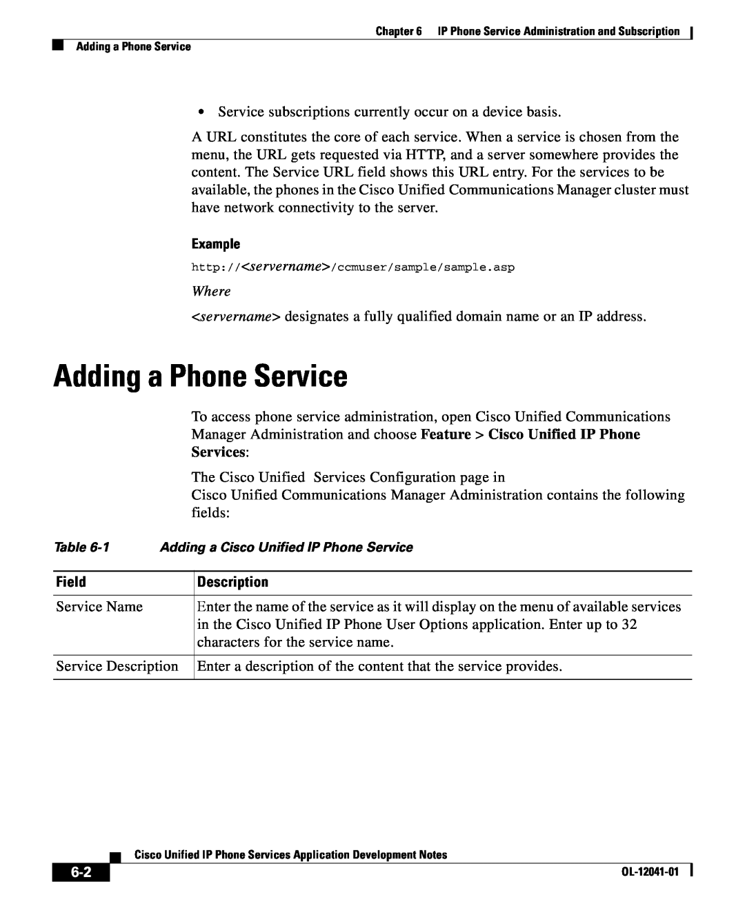 Cisco Systems OL-12041-01 user service Adding a Phone Service, Example, Field, Description, Where, Services 