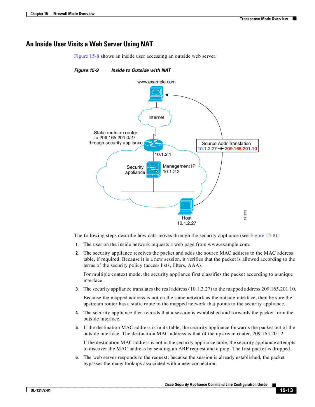 Cisco Systems OL-12172-01 manual An Inside User Visits a Web Server Using NAT, 15-13 