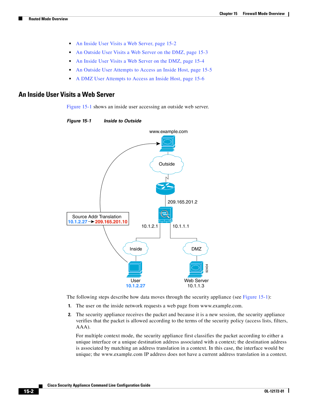 Cisco Systems OL-12172-01 manual An Inside User Visits a Web Server, 15-2 