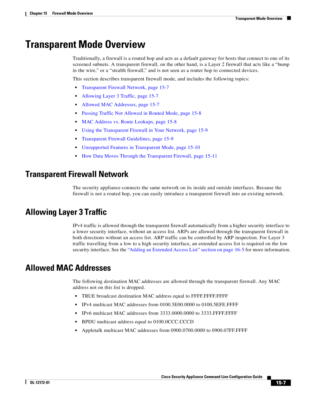 Cisco Systems OL-12172-01 manual Transparent Firewall Network, Allowing Layer 3 Traffic, Allowed MAC Addresses, 15-7 