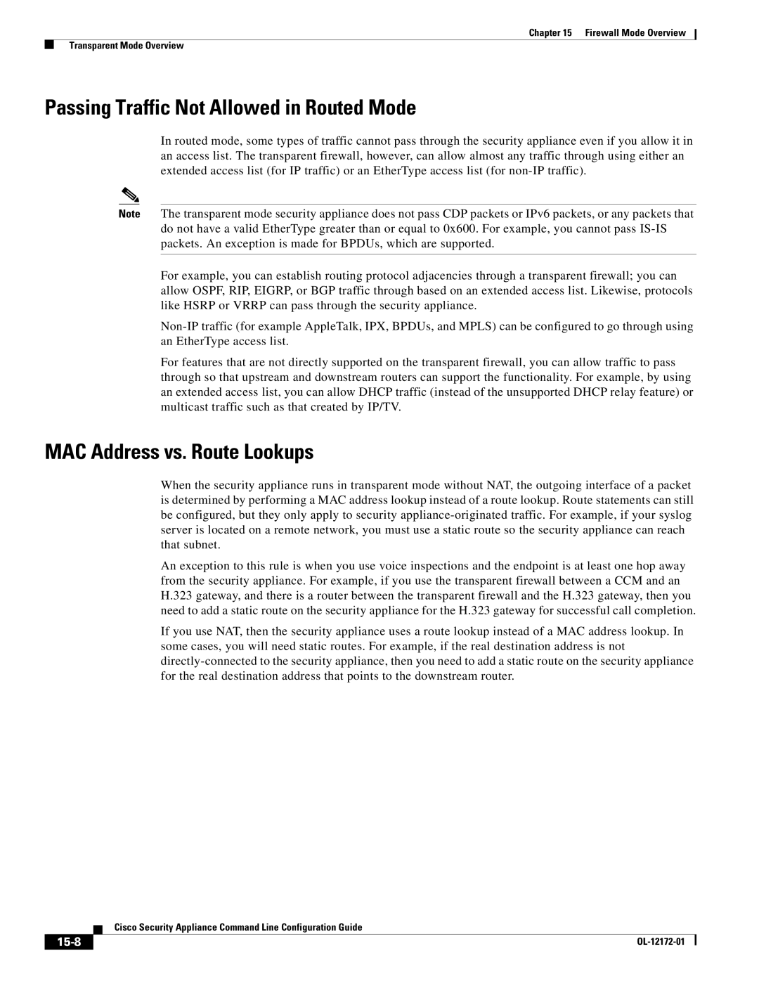 Cisco Systems OL-12172-01 manual Passing Traffic Not Allowed in Routed Mode, MAC Address vs. Route Lookups, 15-8 