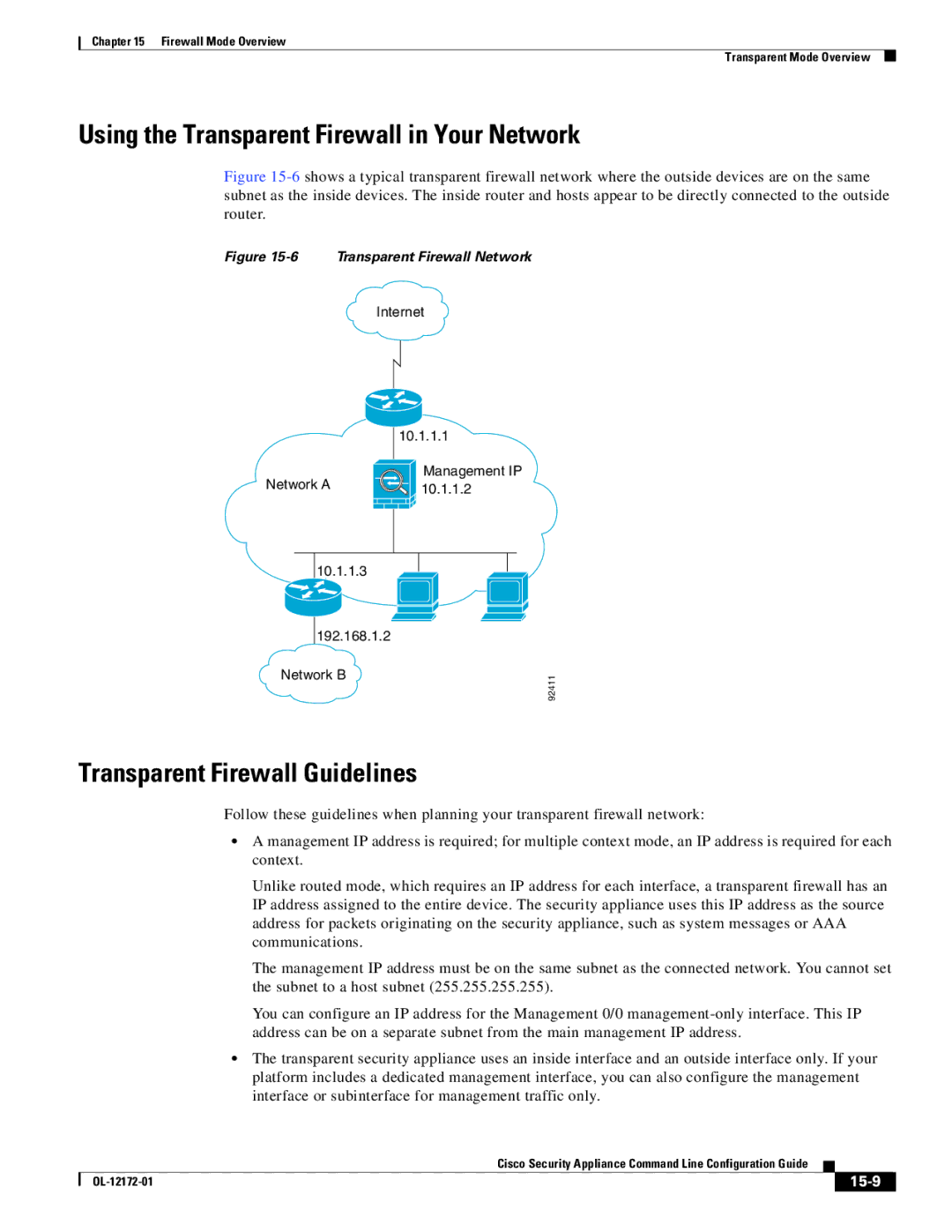 Cisco Systems OL-12172-01 manual Using the Transparent Firewall in Your Network, Transparent Firewall Guidelines, 15-9 