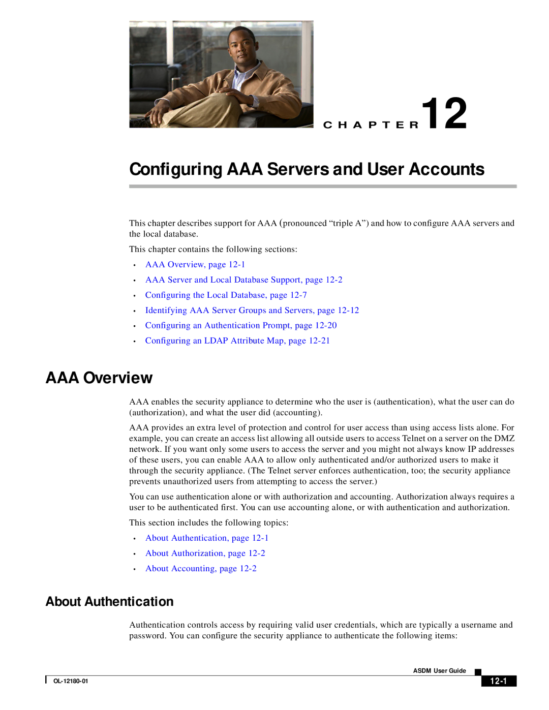 Cisco Systems OL-12180-01 manual AAA Overview, About Authentication, 12-1 