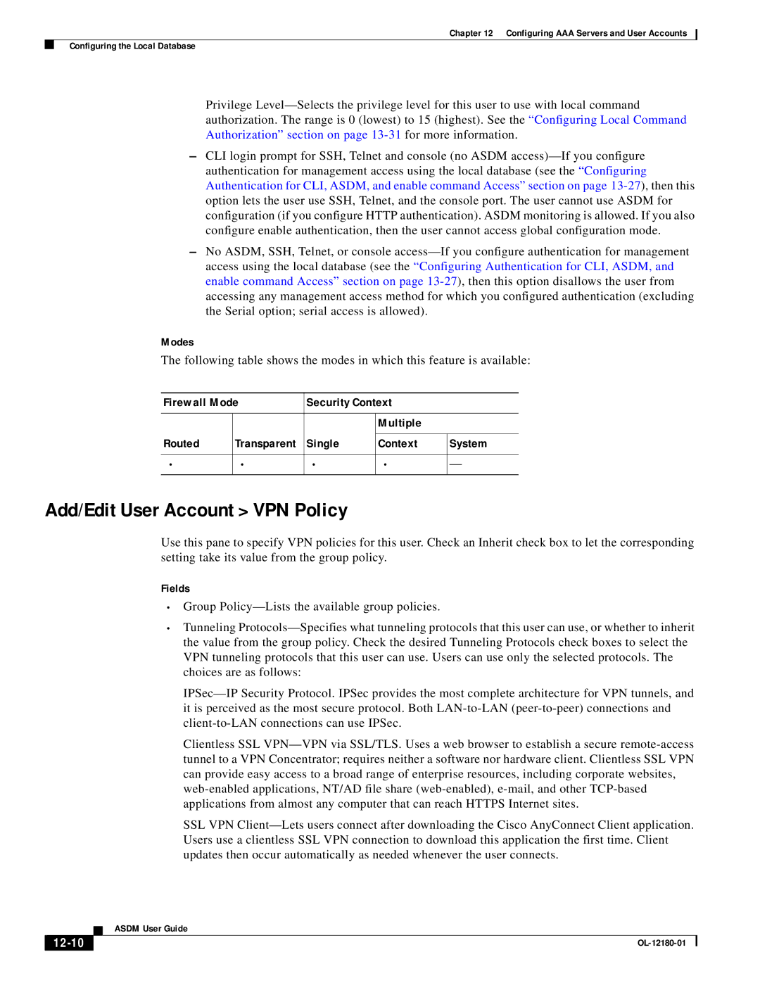 Cisco Systems OL-12180-01 manual Add/Edit User Account VPN Policy, 12-10 