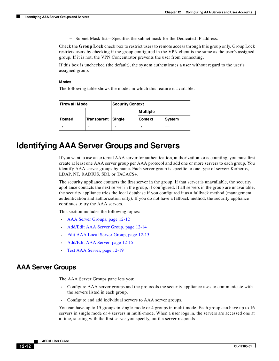 Cisco Systems OL-12180-01 manual Identifying AAA Server Groups and Servers, 12-12 