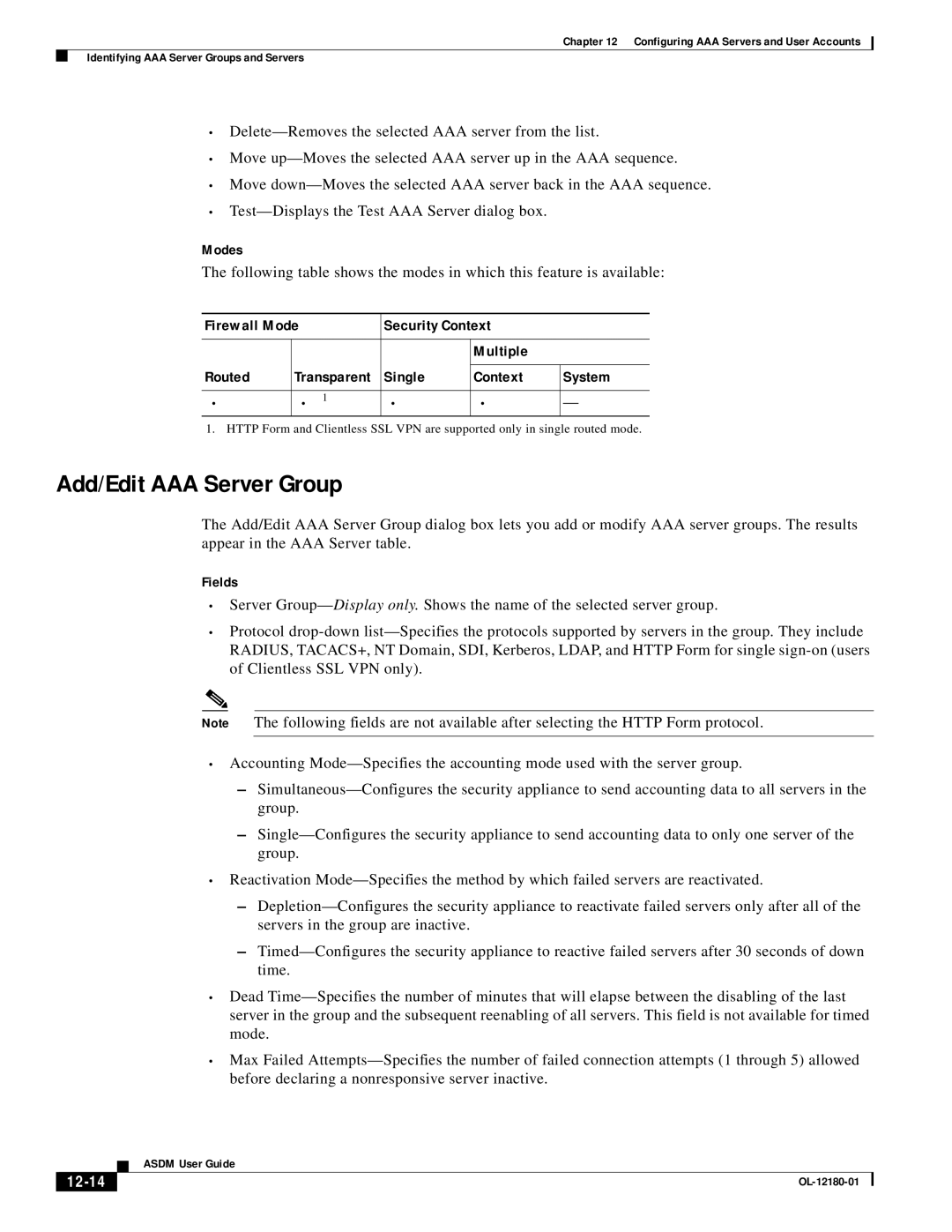 Cisco Systems OL-12180-01 manual Add/Edit AAA Server Group, 12-14 