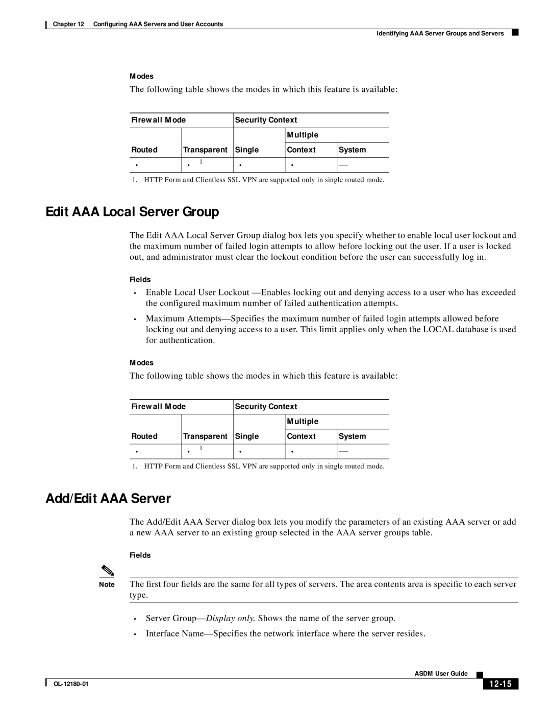 Cisco Systems OL-12180-01 manual Edit AAA Local Server Group, Add/Edit AAA Server, 12-15 