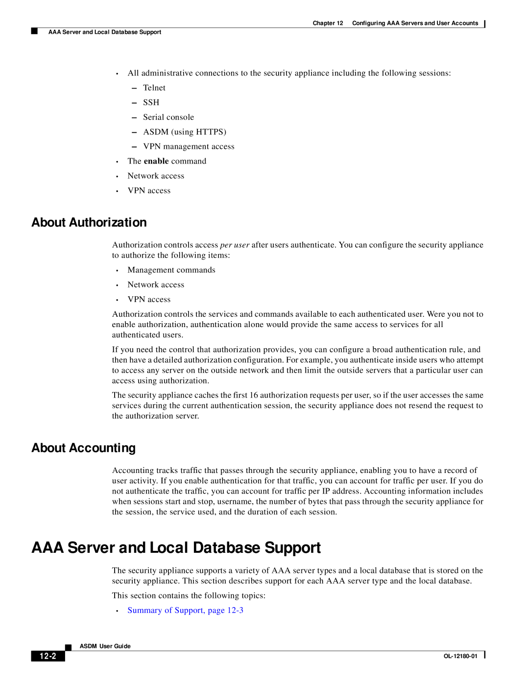 Cisco Systems OL-12180-01 manual AAA Server and Local Database Support, About Authorization, About Accounting, 12-2 