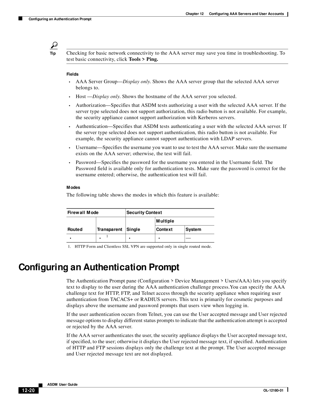 Cisco Systems OL-12180-01 manual Configuring an Authentication Prompt, 12-20 