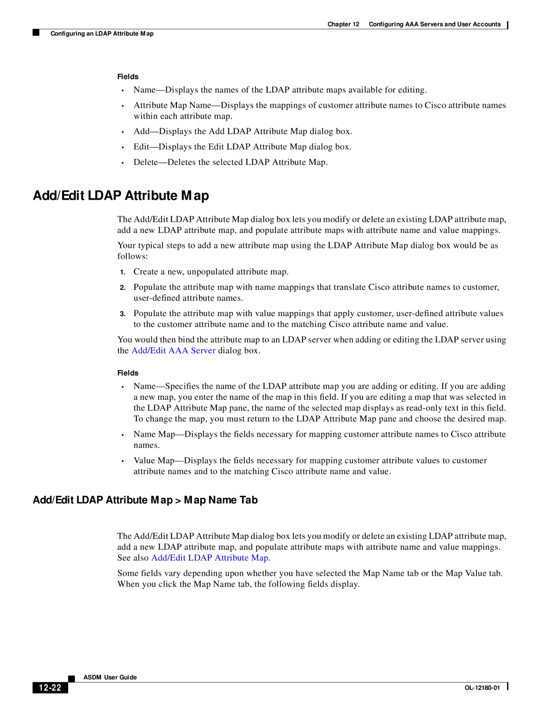 Cisco Systems OL-12180-01 manual Add/Edit Ldap Attribute Map Map Name Tab, 12-22 