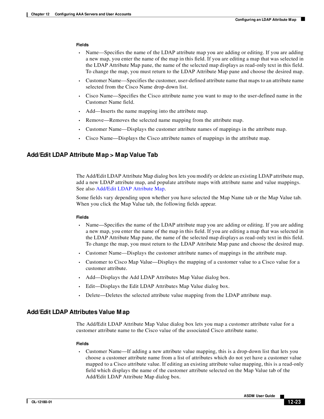 Cisco Systems OL-12180-01 manual Add/Edit Ldap Attribute Map Map Value Tab, Add/Edit Ldap Attributes Value Map, 12-23 