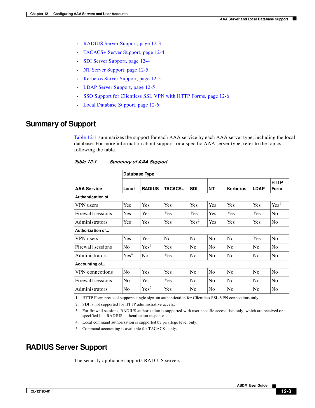 Cisco Systems OL-12180-01 manual Summary of Support, Radius Server Support, 12-3 