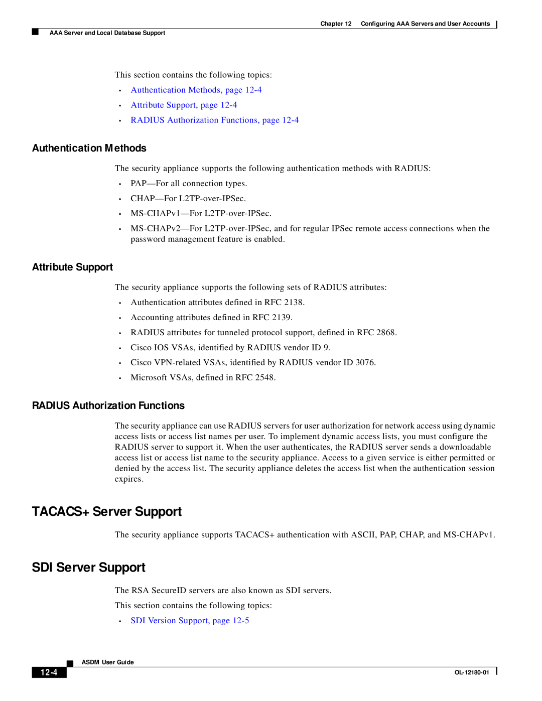 Cisco Systems OL-12180-01 manual TACACS+ Server Support, SDI Server Support, Authentication Methods, Attribute Support 