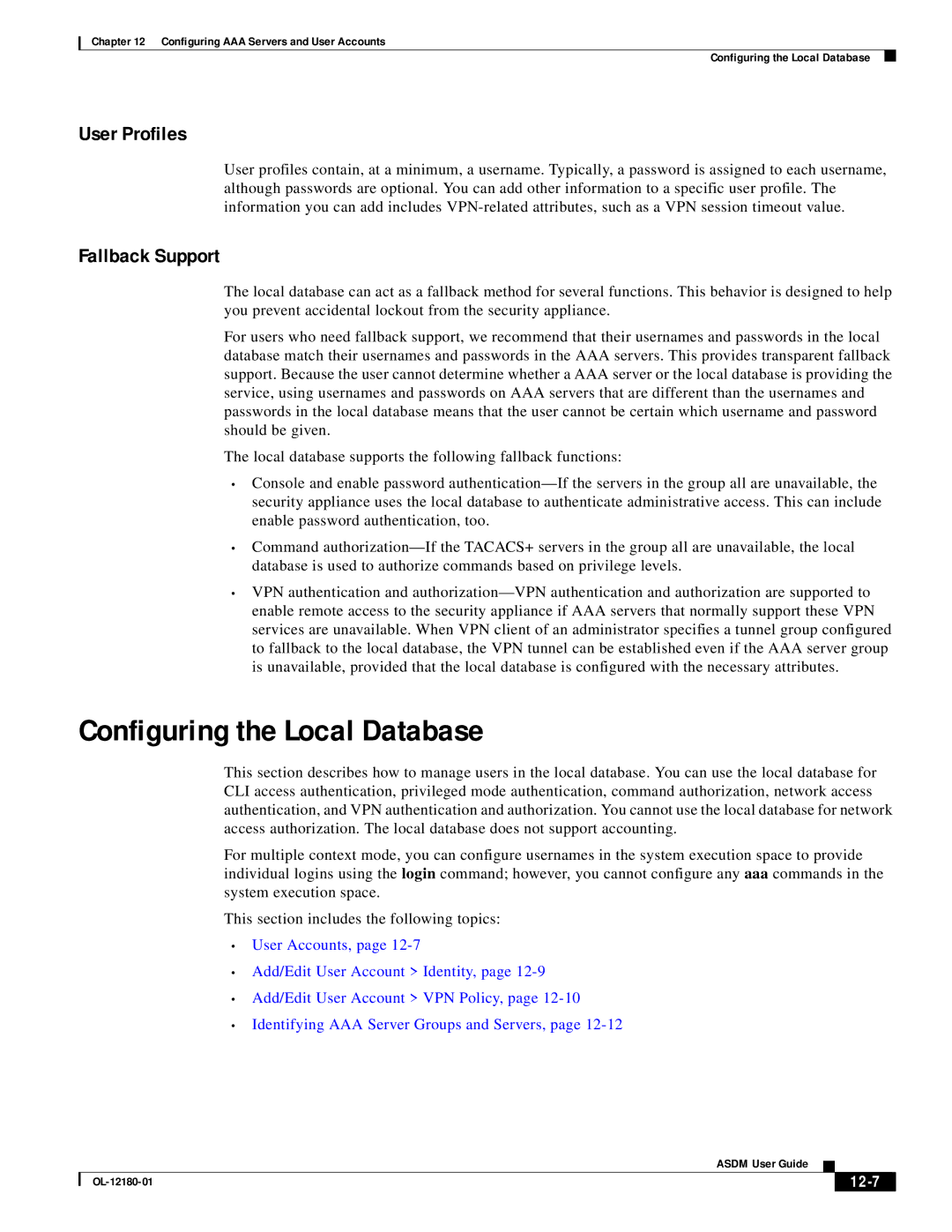 Cisco Systems OL-12180-01 manual Configuring the Local Database, User Profiles, Fallback Support, 12-7 